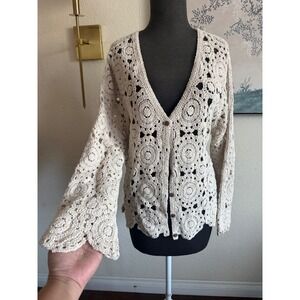 LIV LOS ANGELES Cream Crochet Cardigan Sweater 1X Cotton Boho Floral Medallion